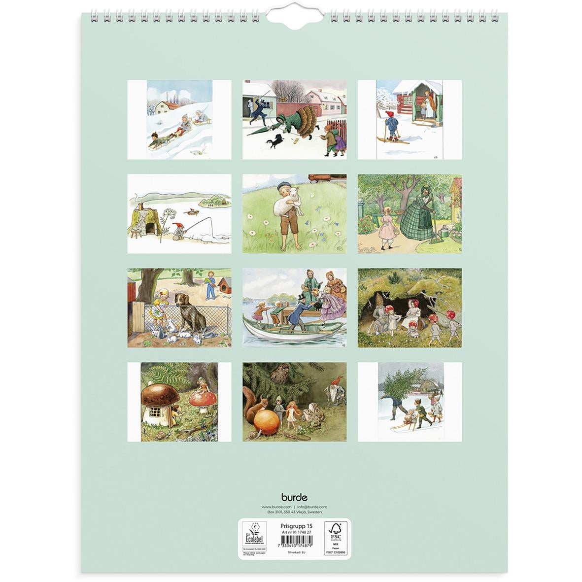 Väggkalender med Elsa Beskows illustration för april 2025, hängande på en vägg bredvid en grön växt i en vit kruka