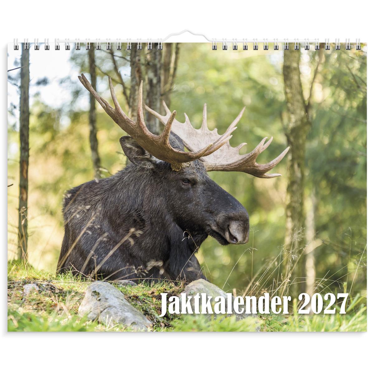 Väggkalender med bild av rådjur i gräsmark för jaktkalender 2026