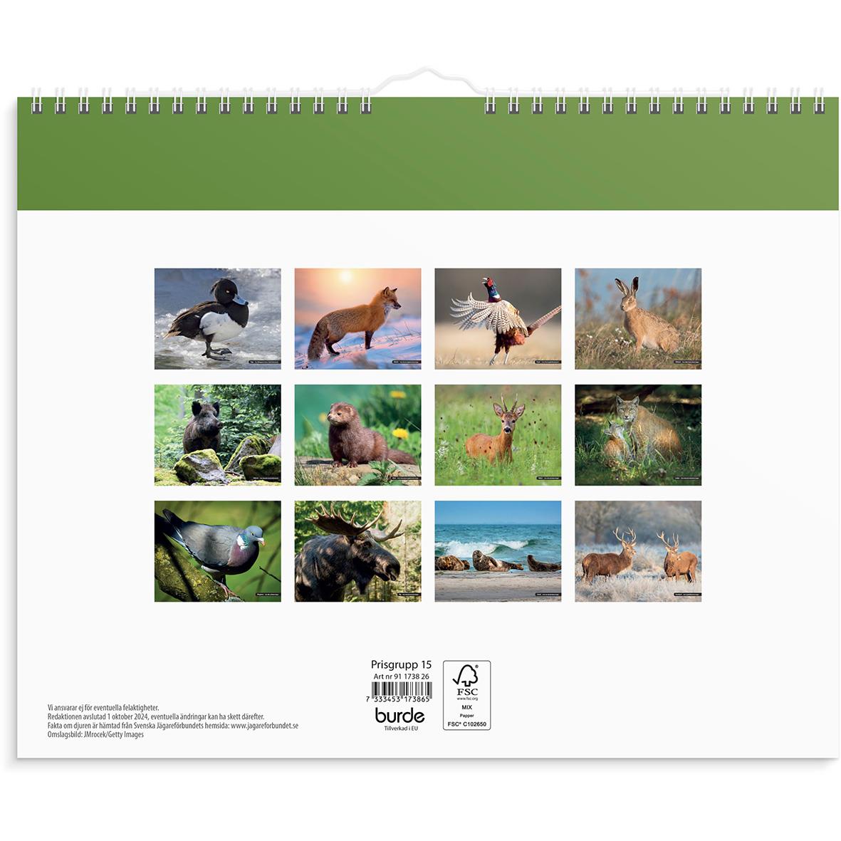 Väggkalender Burde 1738 Jaktkalender 2026 med bilder av olika djur och naturmotiv