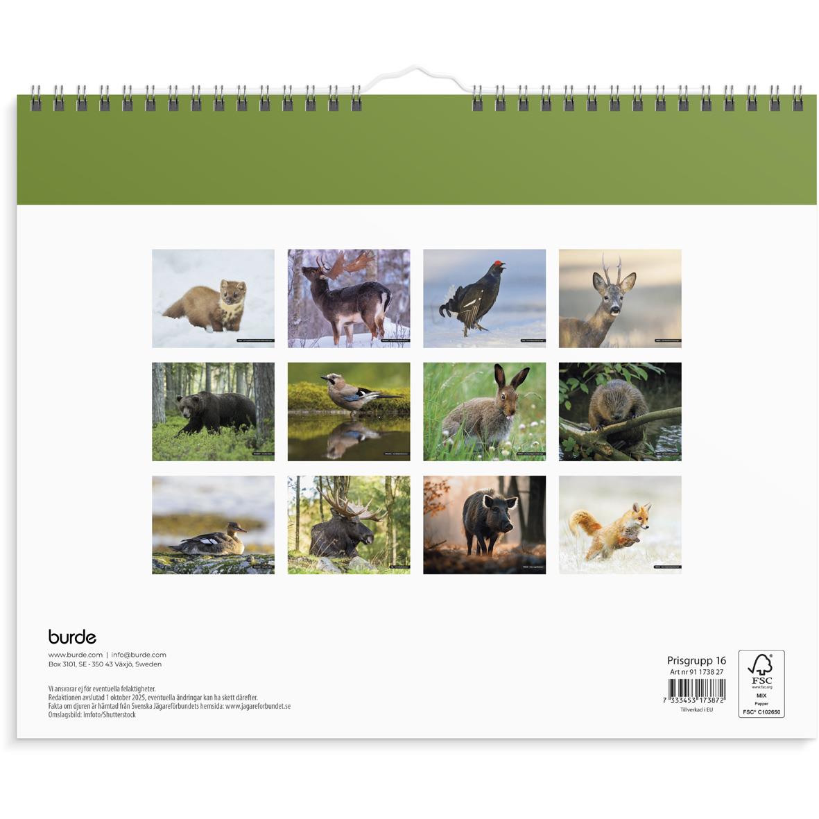 Kalender med bilder av olika djur som katt, hund, fågel, hjort, björn, och andra i naturmiljö