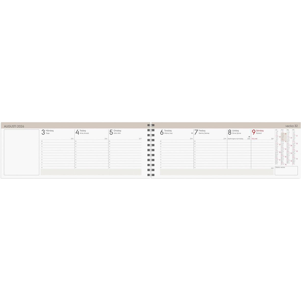 Stor plankanlender för 2026 med veckodagar och datum, del av Almanacka Burde 1359