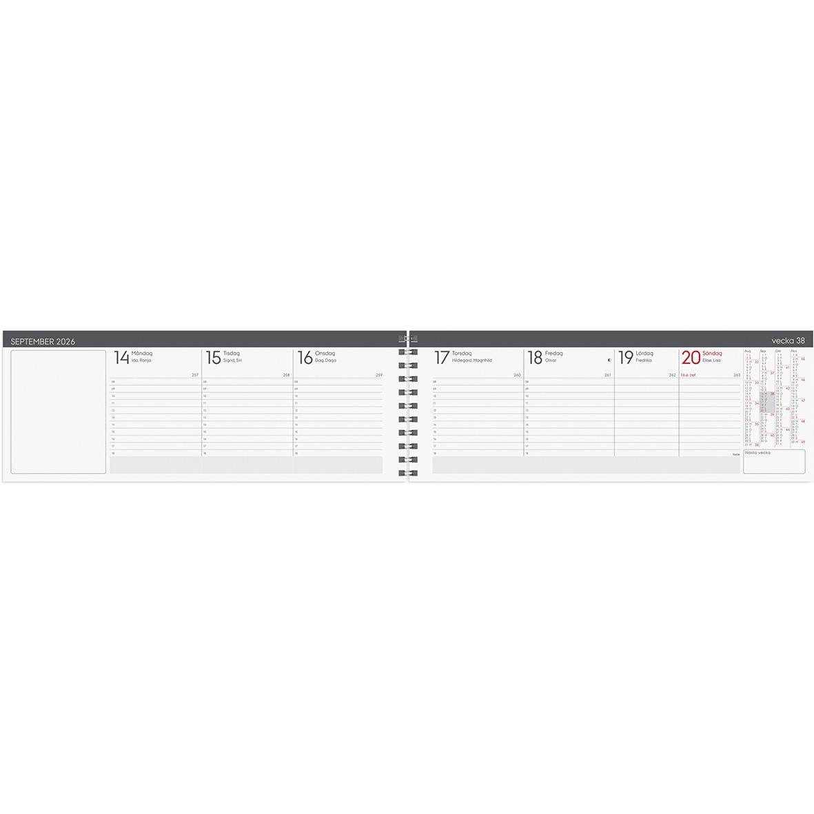 Stor plankalender för vecka 14-20 i 2026 med dagliga utrymmen för anteckningar