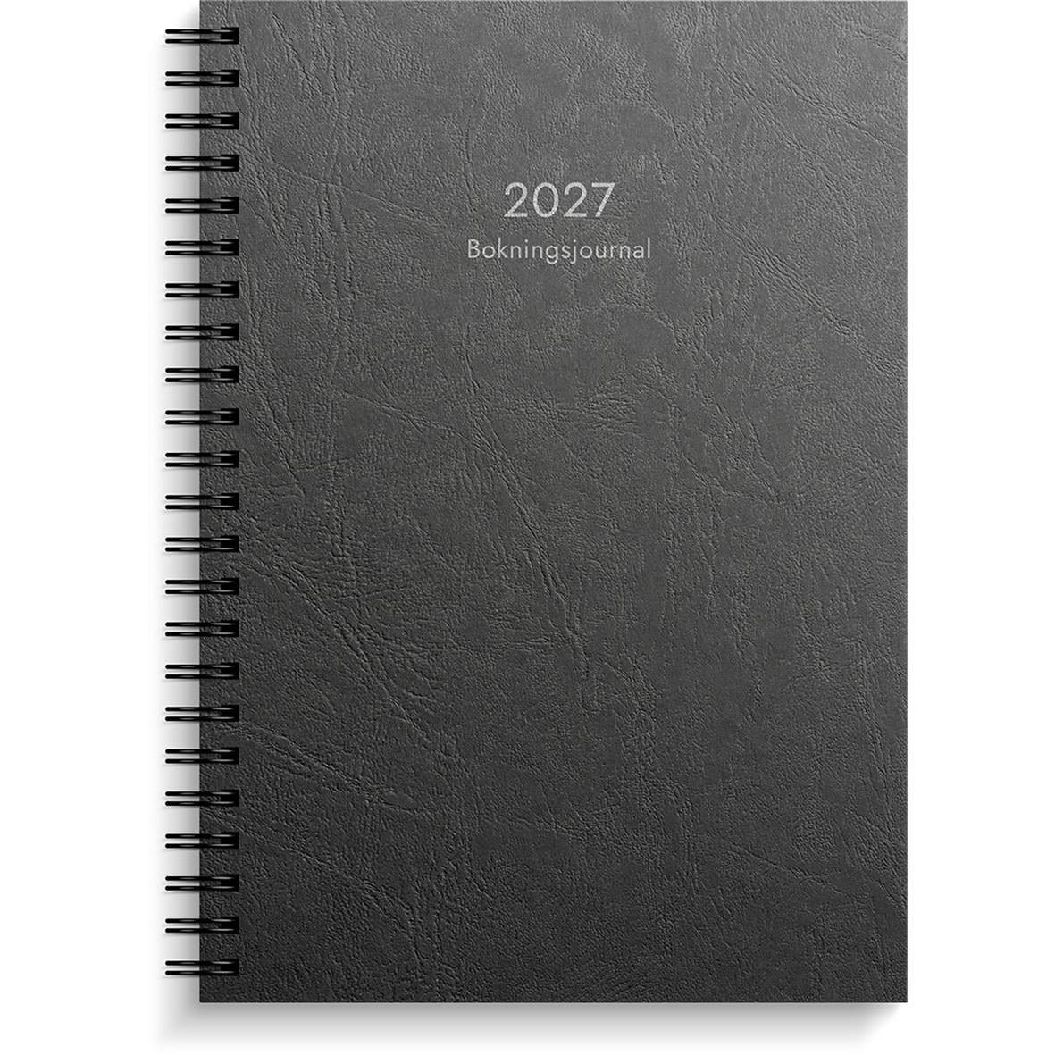Svart plastalmanacka för 2026 med spiralrygg och bokningsjournal