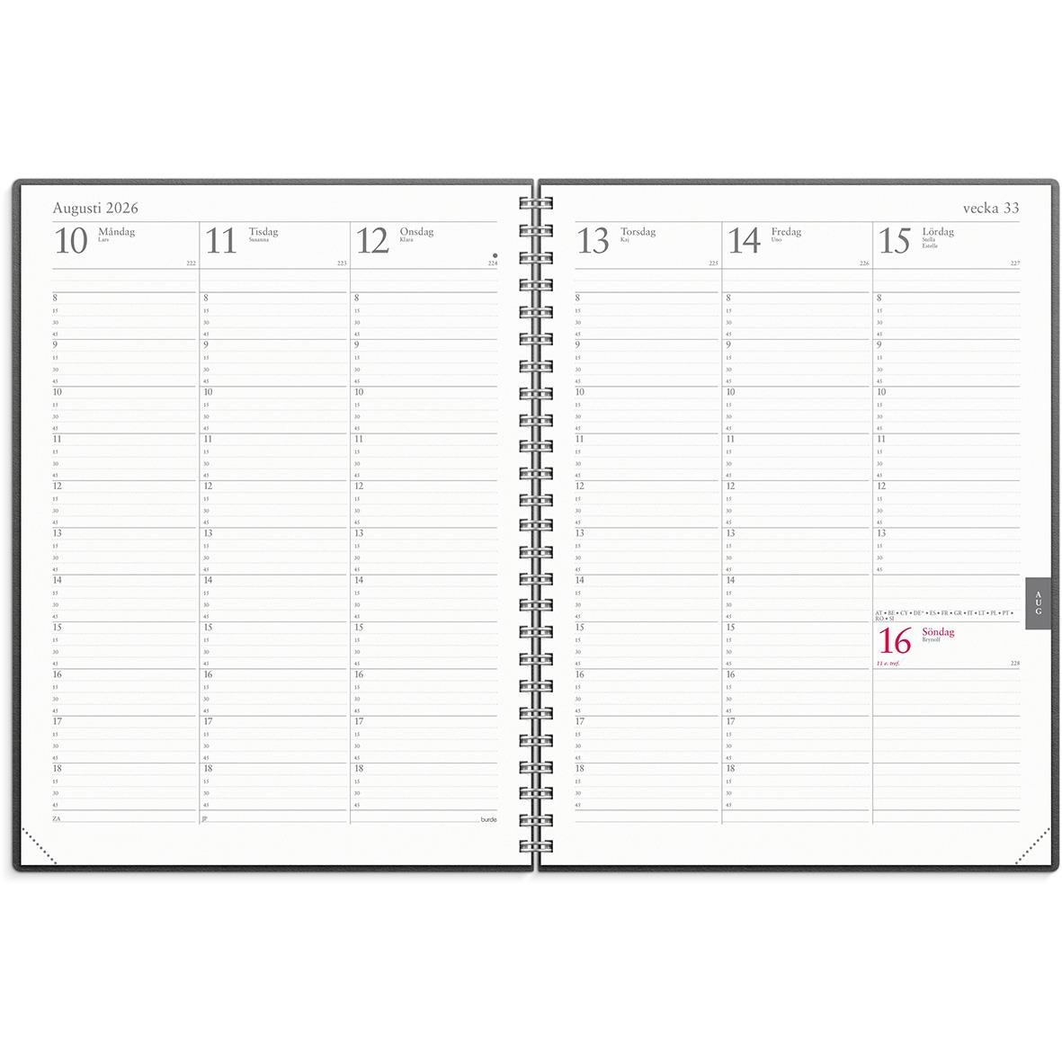 Öppnad veckojournal refill för 2026 med datum för augusti 2026, sidor för vecka 33