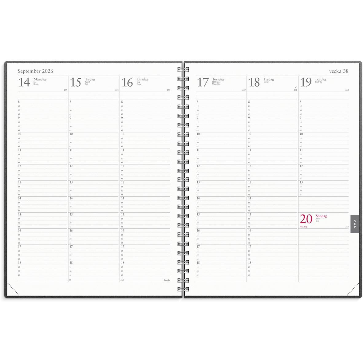 Öppnad veckojournal för september 2026 med datum och veckonummer