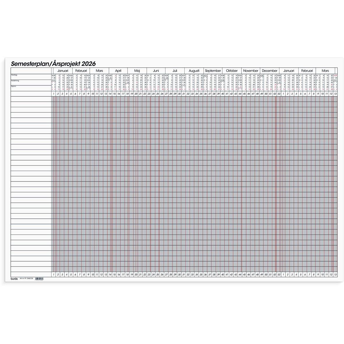 Årsplan för 2026 på mjuk whiteboard med semester- och årsplanering