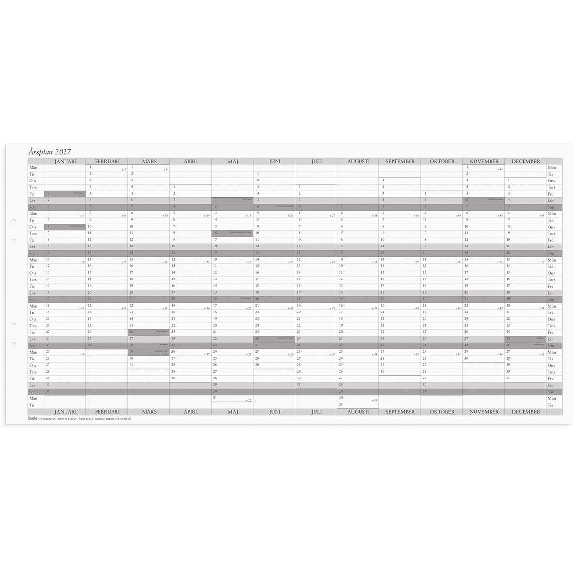 Årsplan för 2027 i en planeringsblad för Almanacka Burde 2320