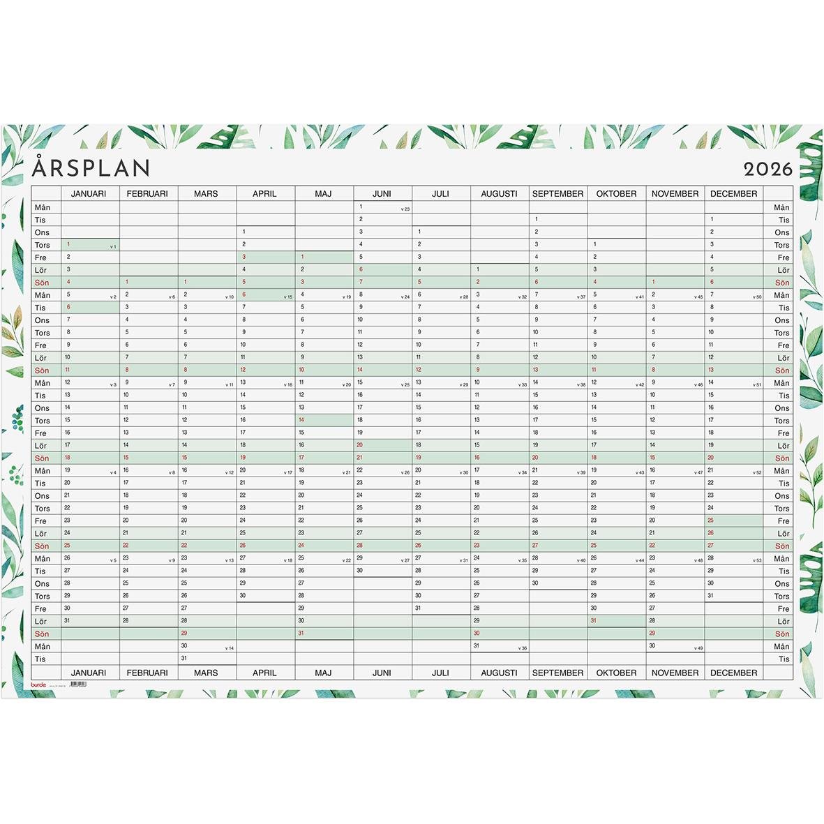 Årsplanering för 2026 på whiteboard med månader och dagar, omgiven av gröna växtmotiv