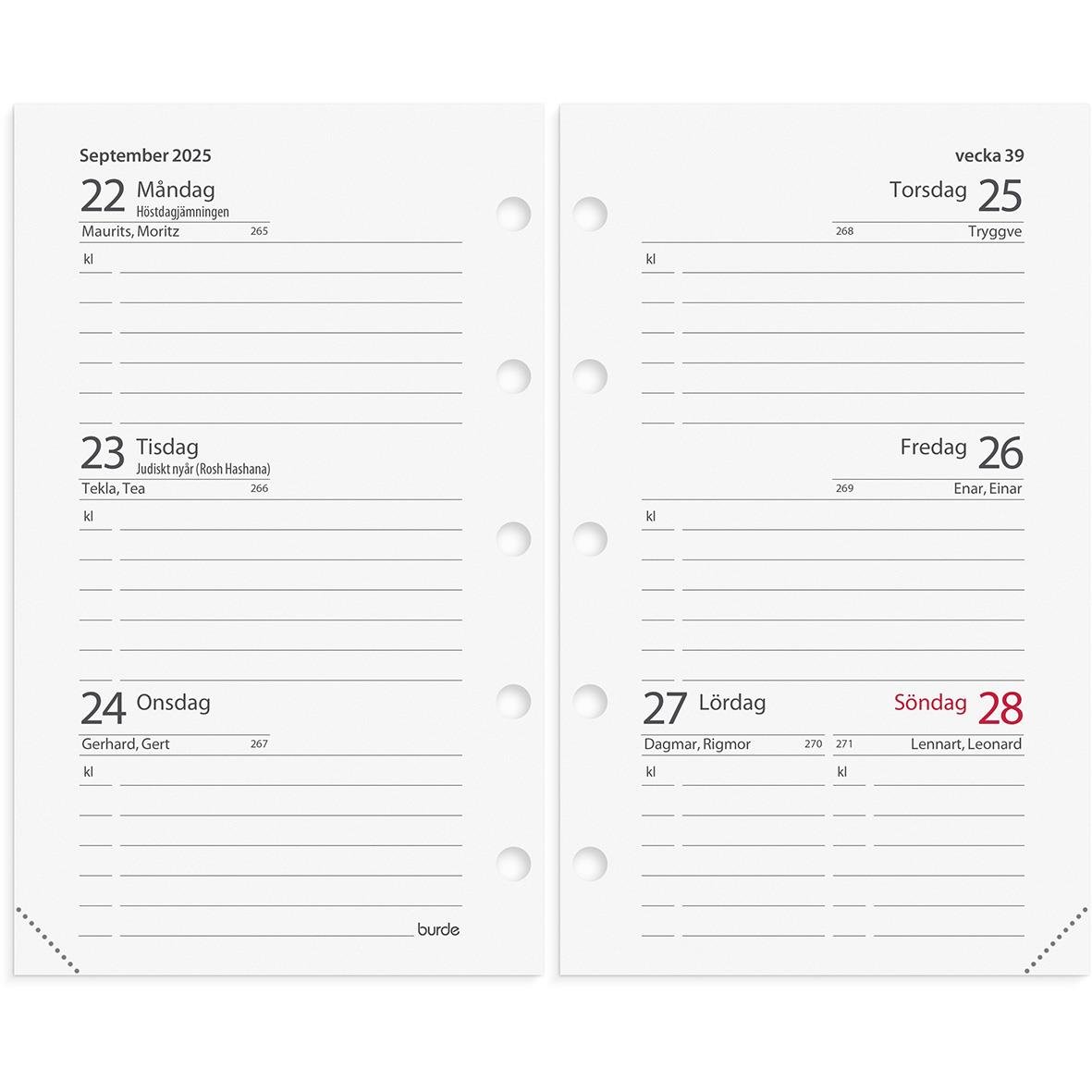 Systemkalender för vecka 39 i september 2025 med datum och dagar, svart mini konstläder