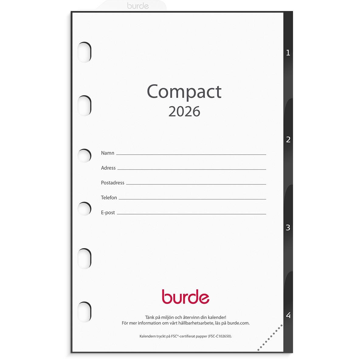 Compact 2026 Almanacka Burde 4200 Grundsats med plats för personuppgifter och kalender