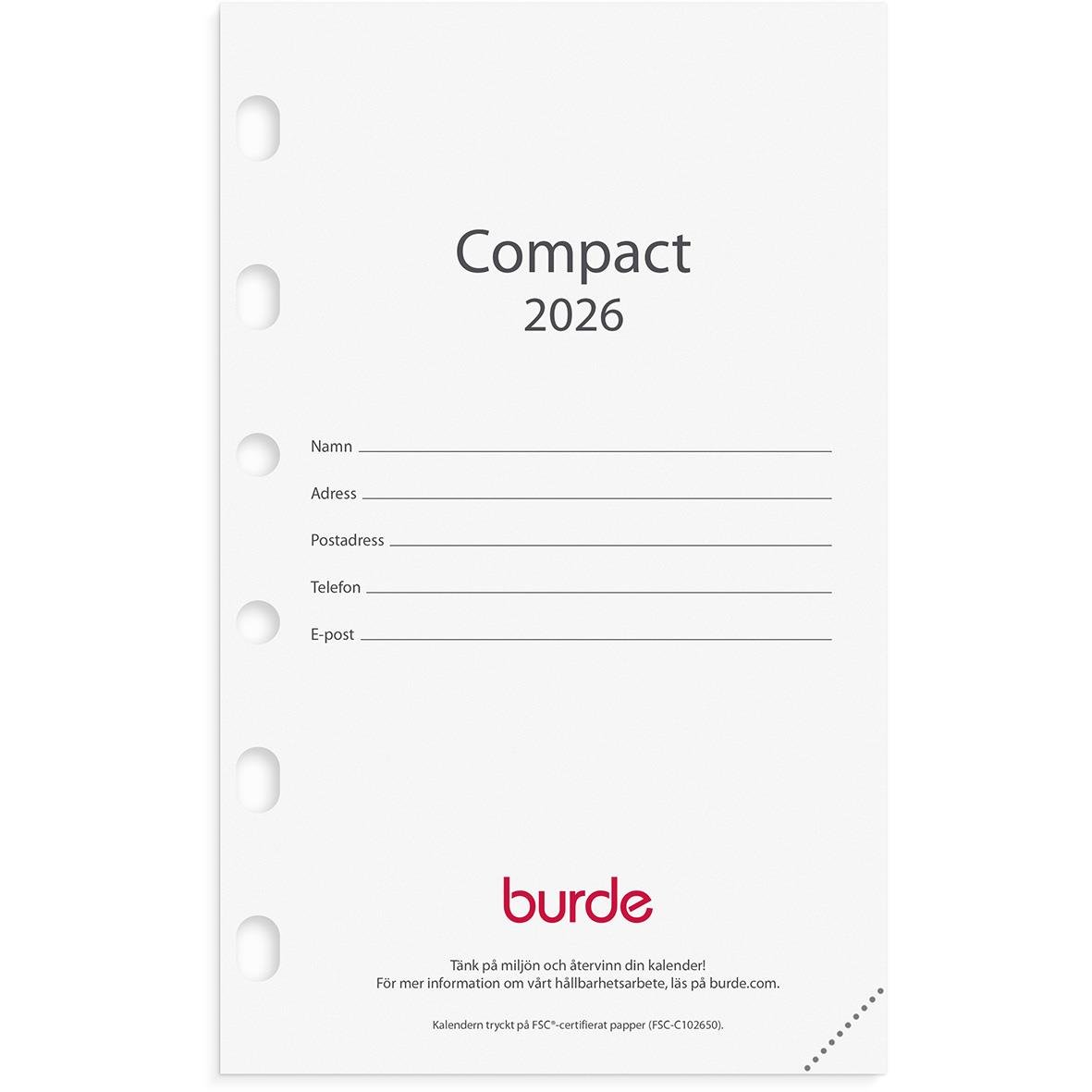 Compact 2026 Almanacka Burde 4201 med plats för personuppgifter och kalender för 2026