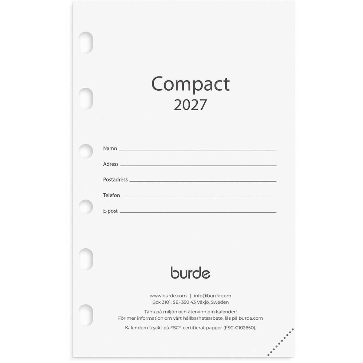 Compact 2026 Almanacka Burde 4201 med plats för personuppgifter och kalender för 2026