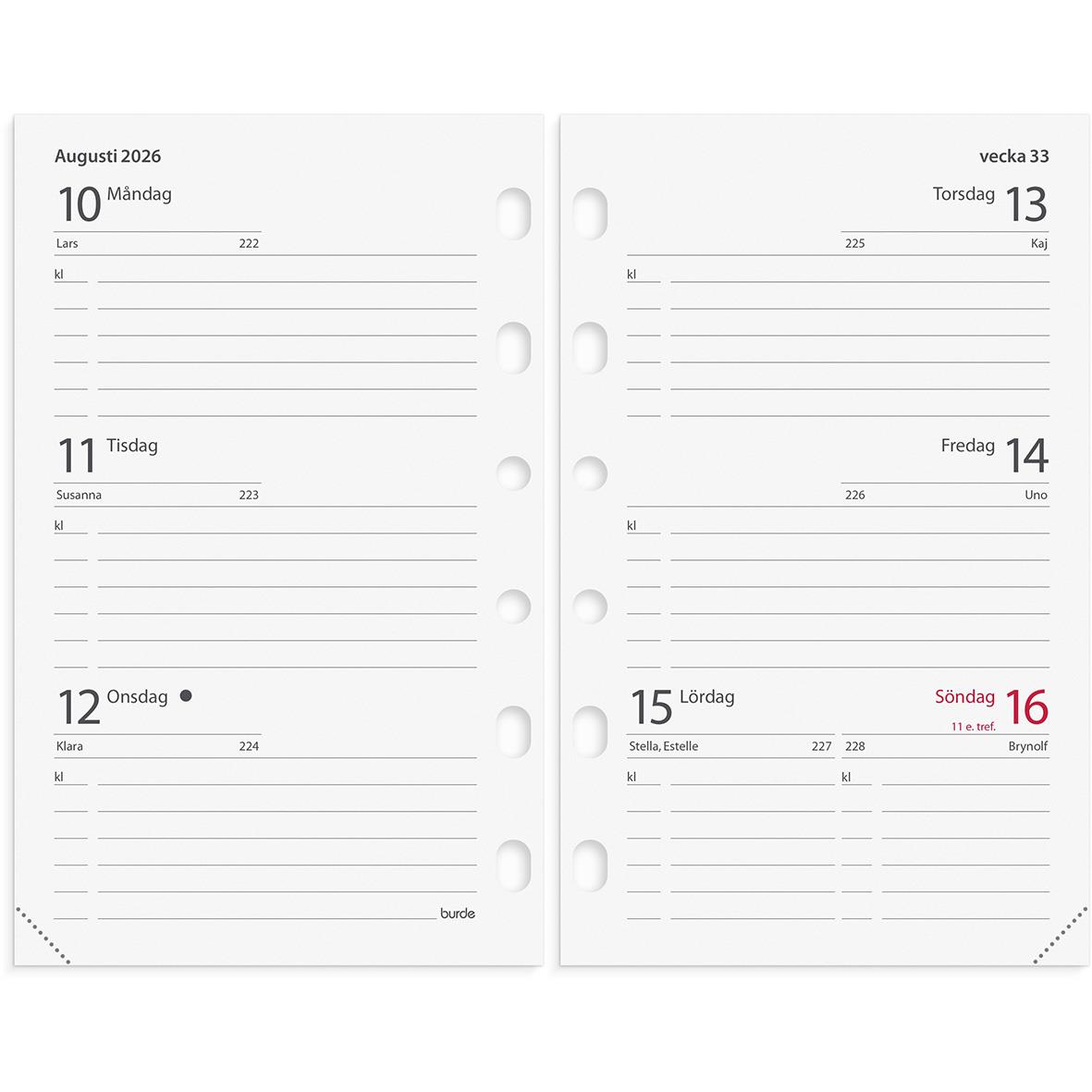 Kalenderblad för augusti 2026 med veckodagar och datum, visar en tvåsidig kalender för veckan 10-16 augusti.