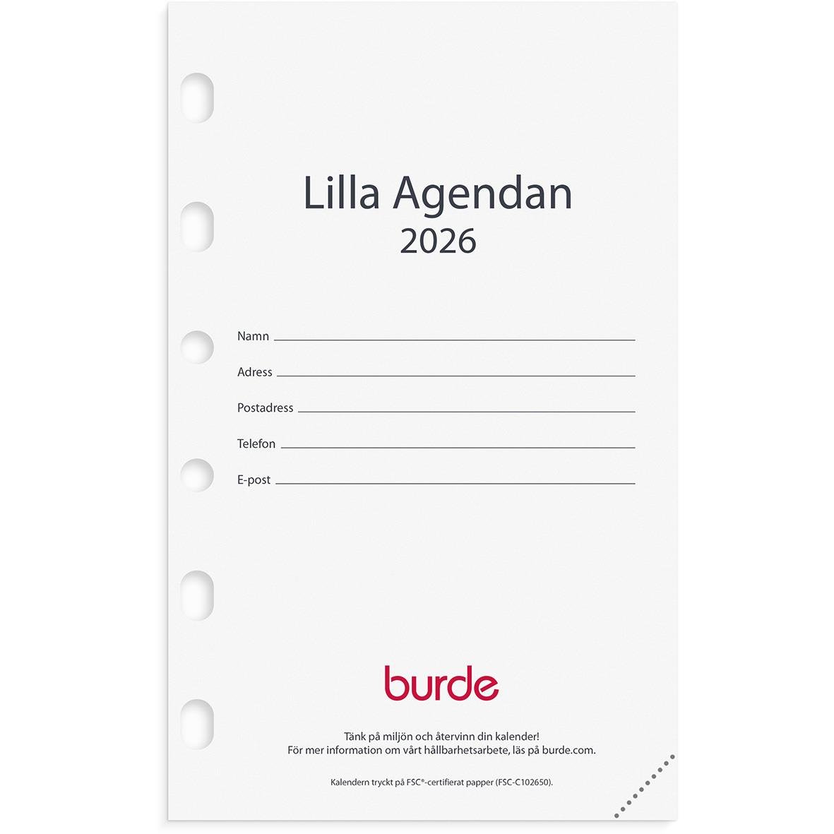 Lilla Agendan 2026 från Burde, kompakt kalender med plats för personuppgifter