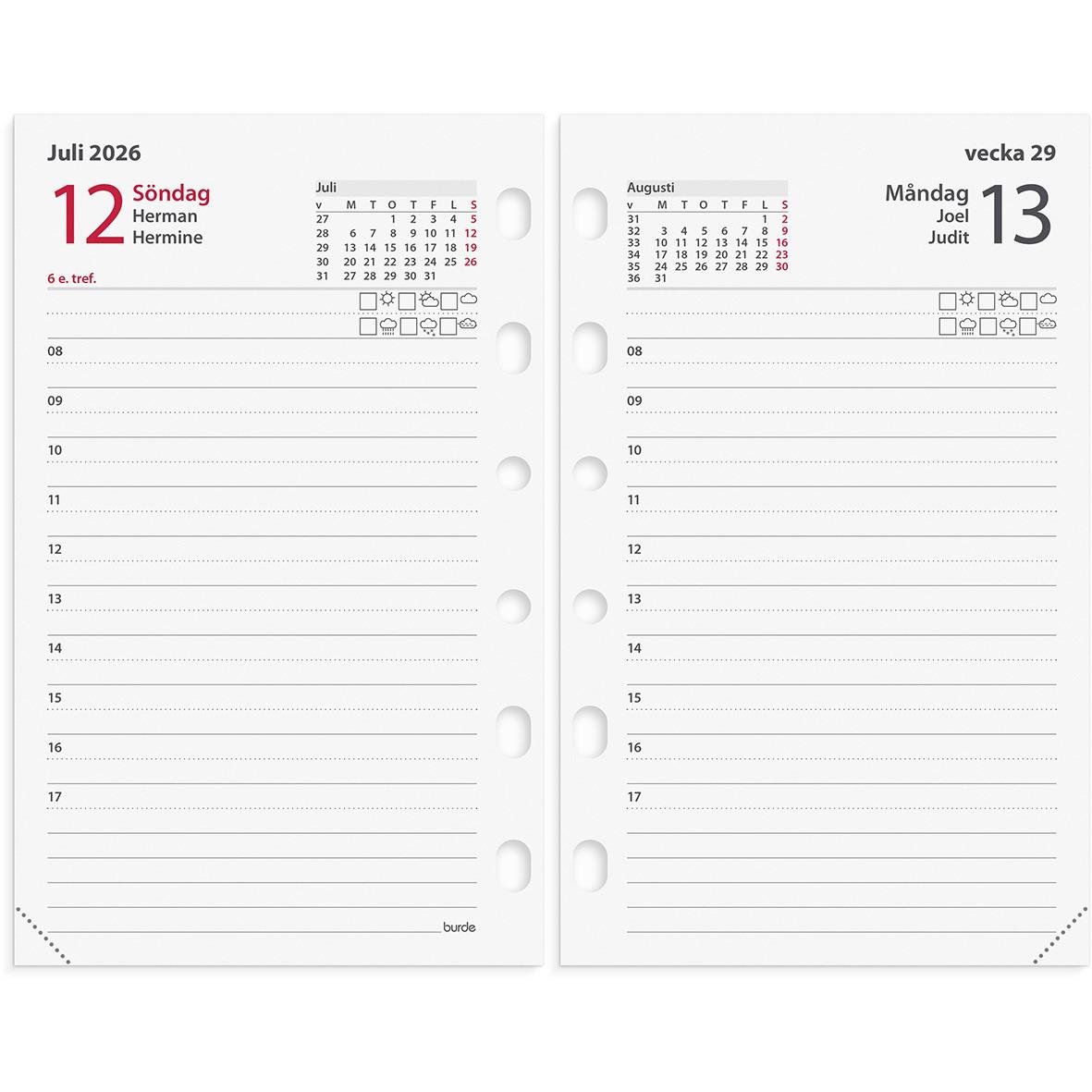 Liten kalender för juli och augusti 2026 med plats för anteckningar, del av Almanacka Burde 4202 Compact Kalendersats Lilla Agendan
