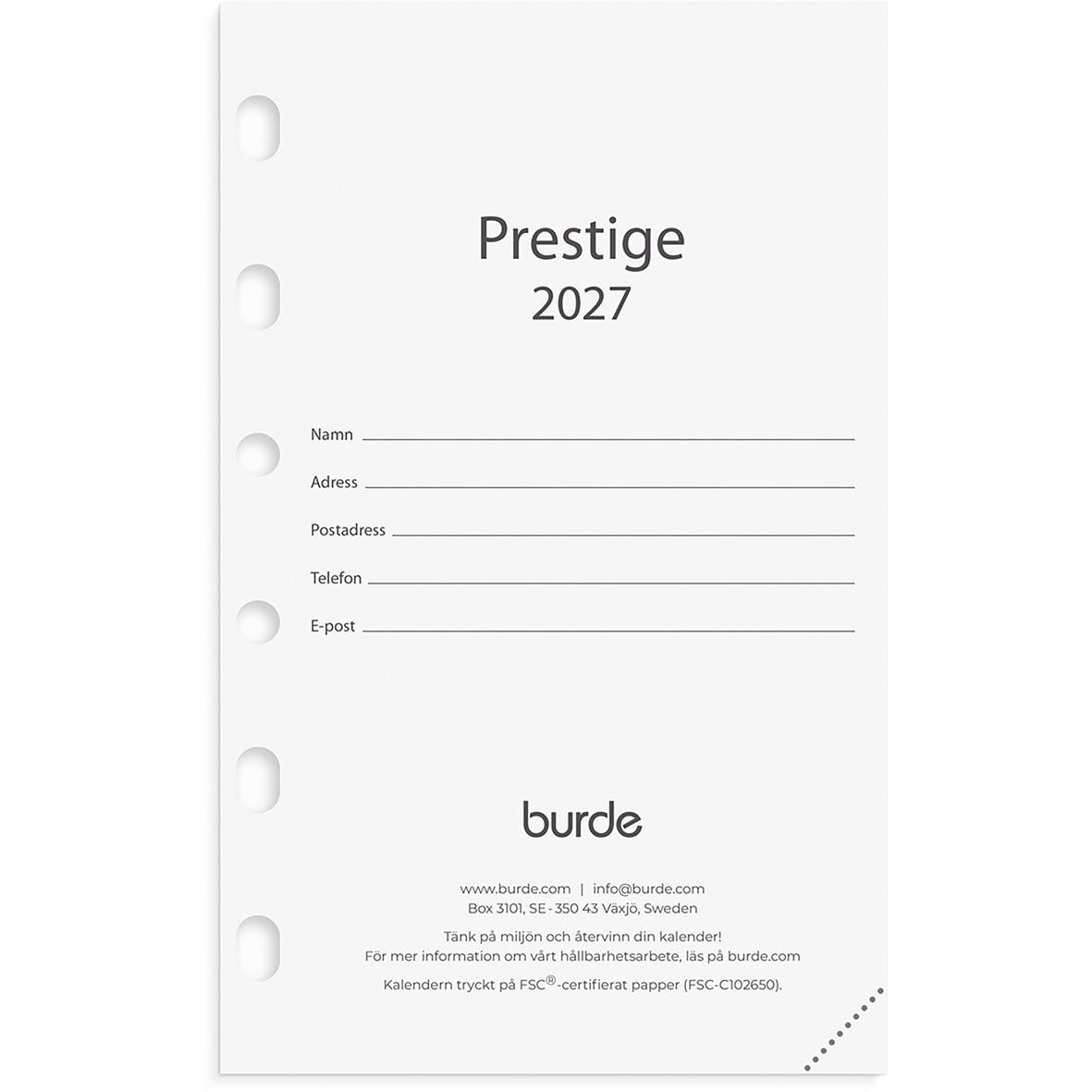 Omslag till Almanacka Burde 4203 Compact Kalendersats Prestige 2026 med plats för personuppgifter