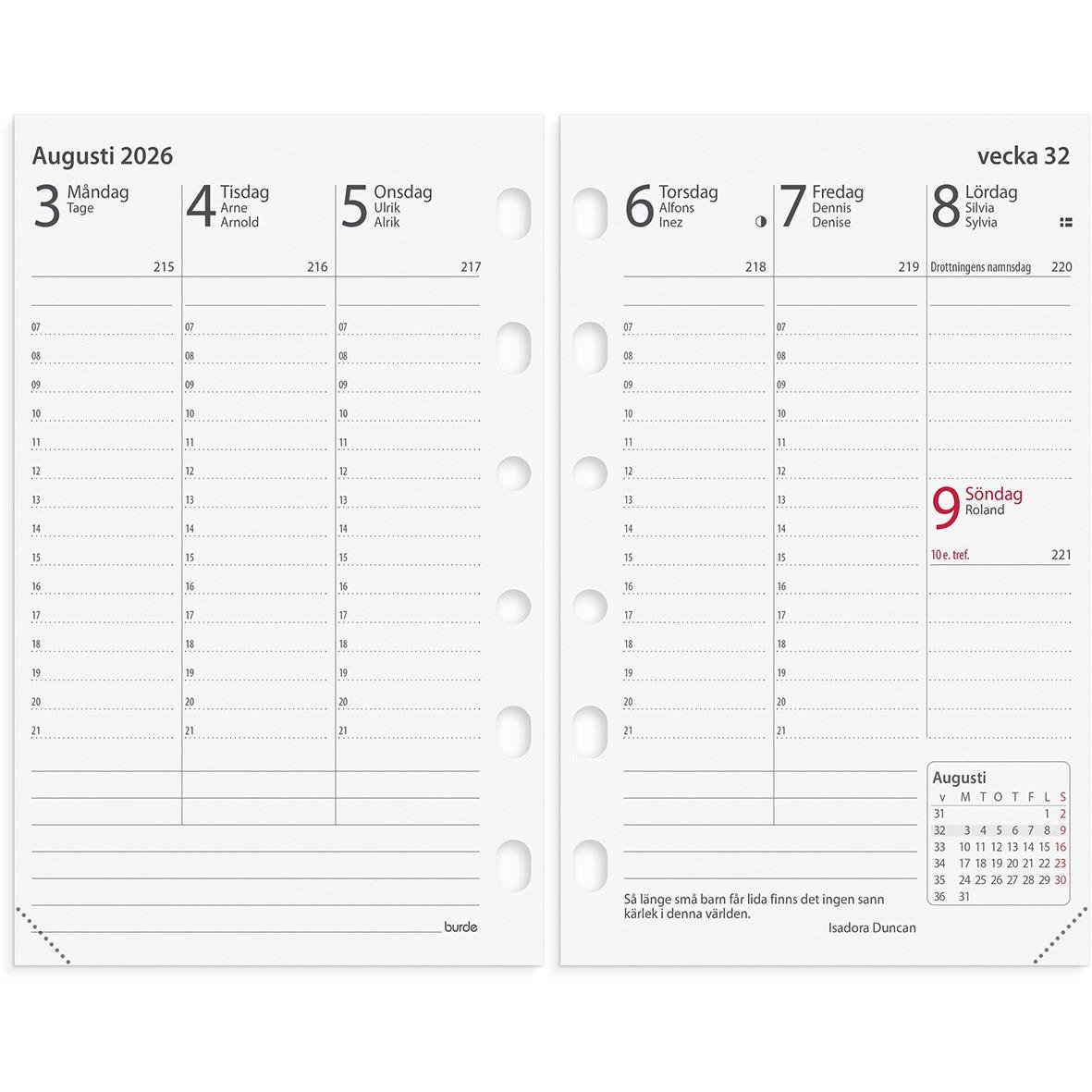 Kalenderblad för augusti 2026 med veckodagar och datum, del av Almanacka Burde 4203 Compact Prestige 2026