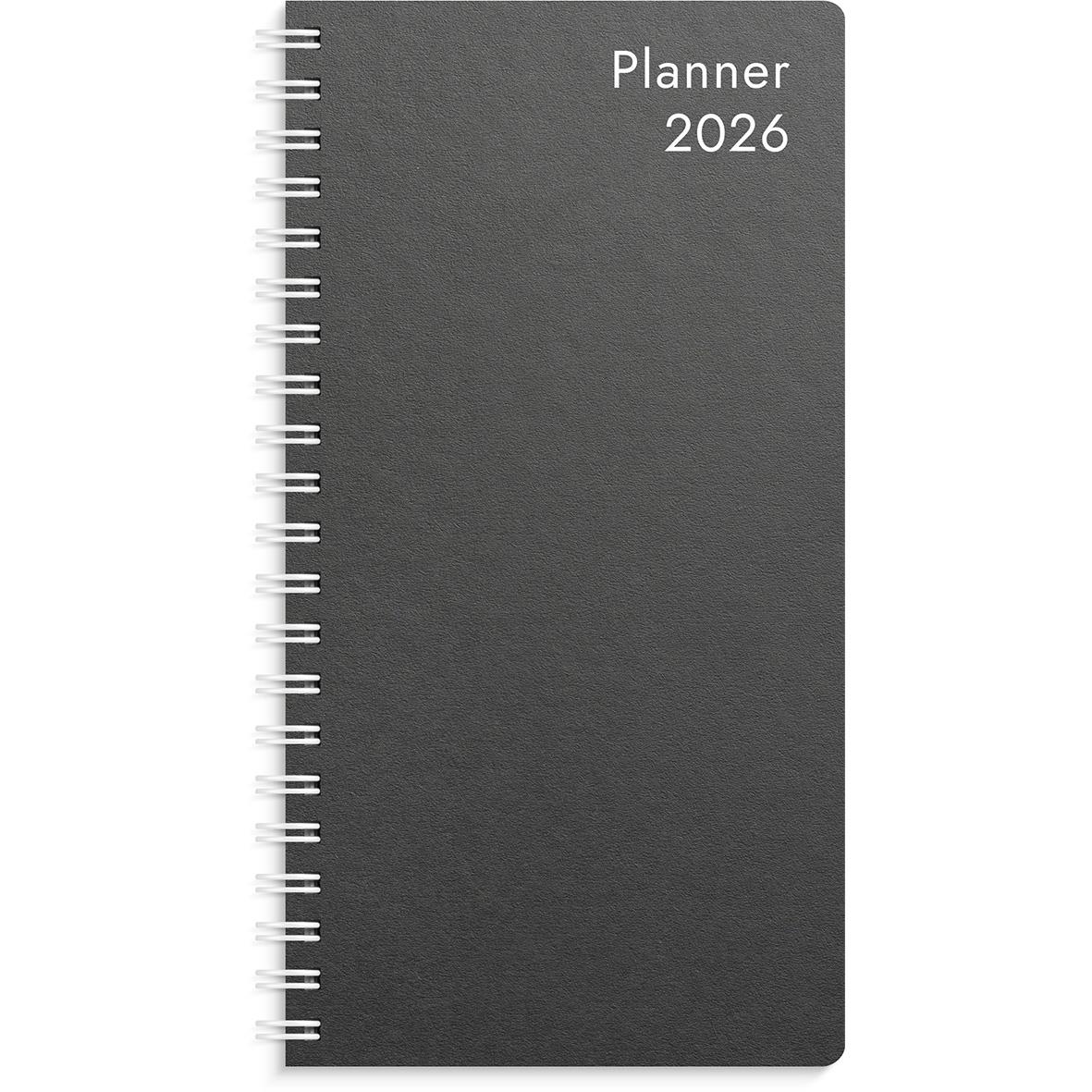 Svart planeringskalender för 2026 med spiralrygg och titel Planner 2026