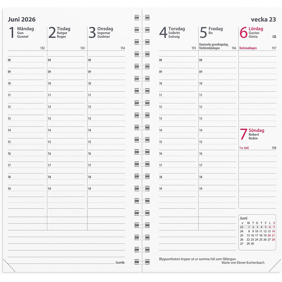 Kalender för vecka 23 i juni 2026 med dagar och datum, inklusive helgdagar och noteringar