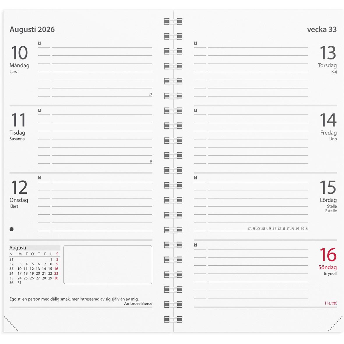 Årsplanerare för 2026 med veckodagar och datum för augusti, tydlig layout för planering