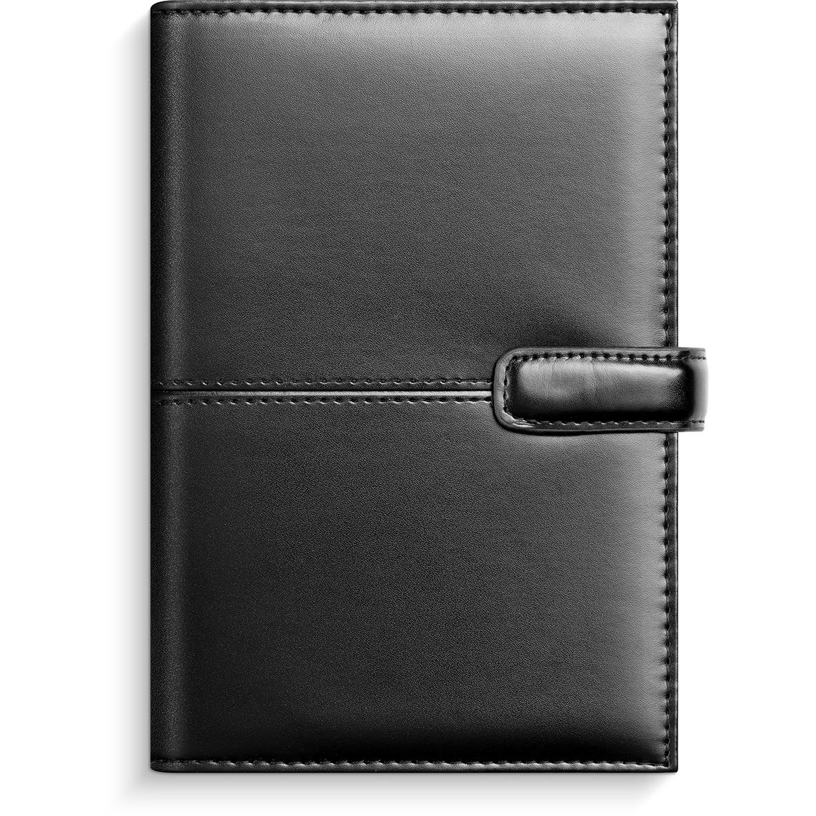 Svart systemkalender i konstläder med lock och sidoförslutning