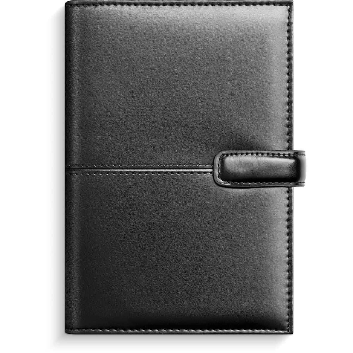 Svart systemkalender i konstläder med lock och sidoförslutning