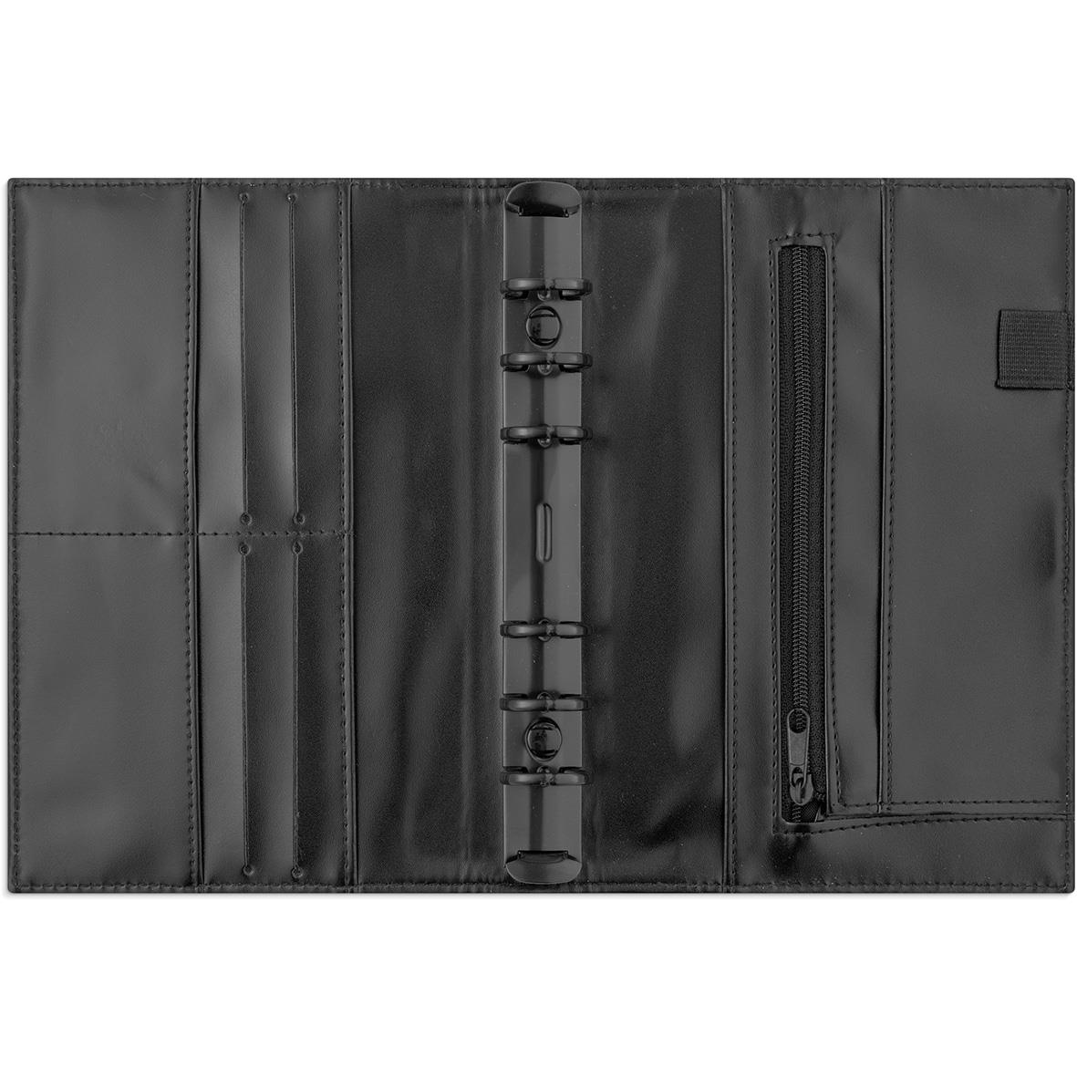 Svart systemkalender med burde, konstläder 2026, öppnad för att visa sidor och fickor