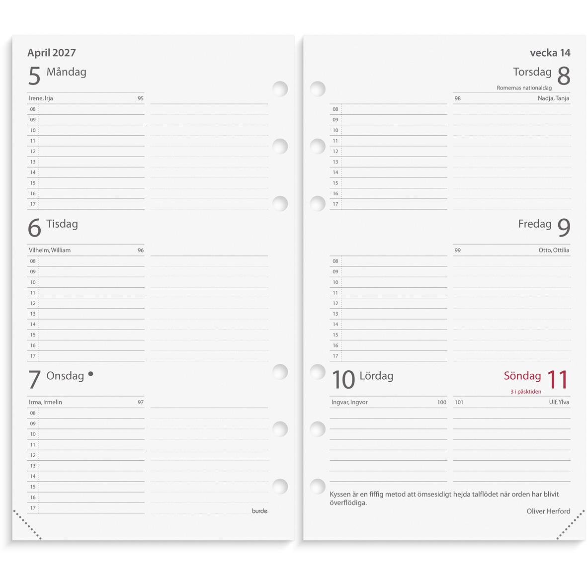 Svart systemkalender med burde, konstläder 2026, öppnad för att visa sidor och fickor