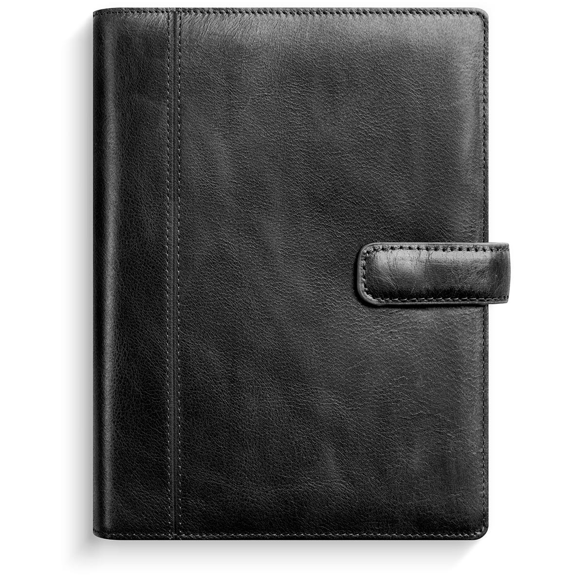 Svart systemkalender i skinn med flik för 2026