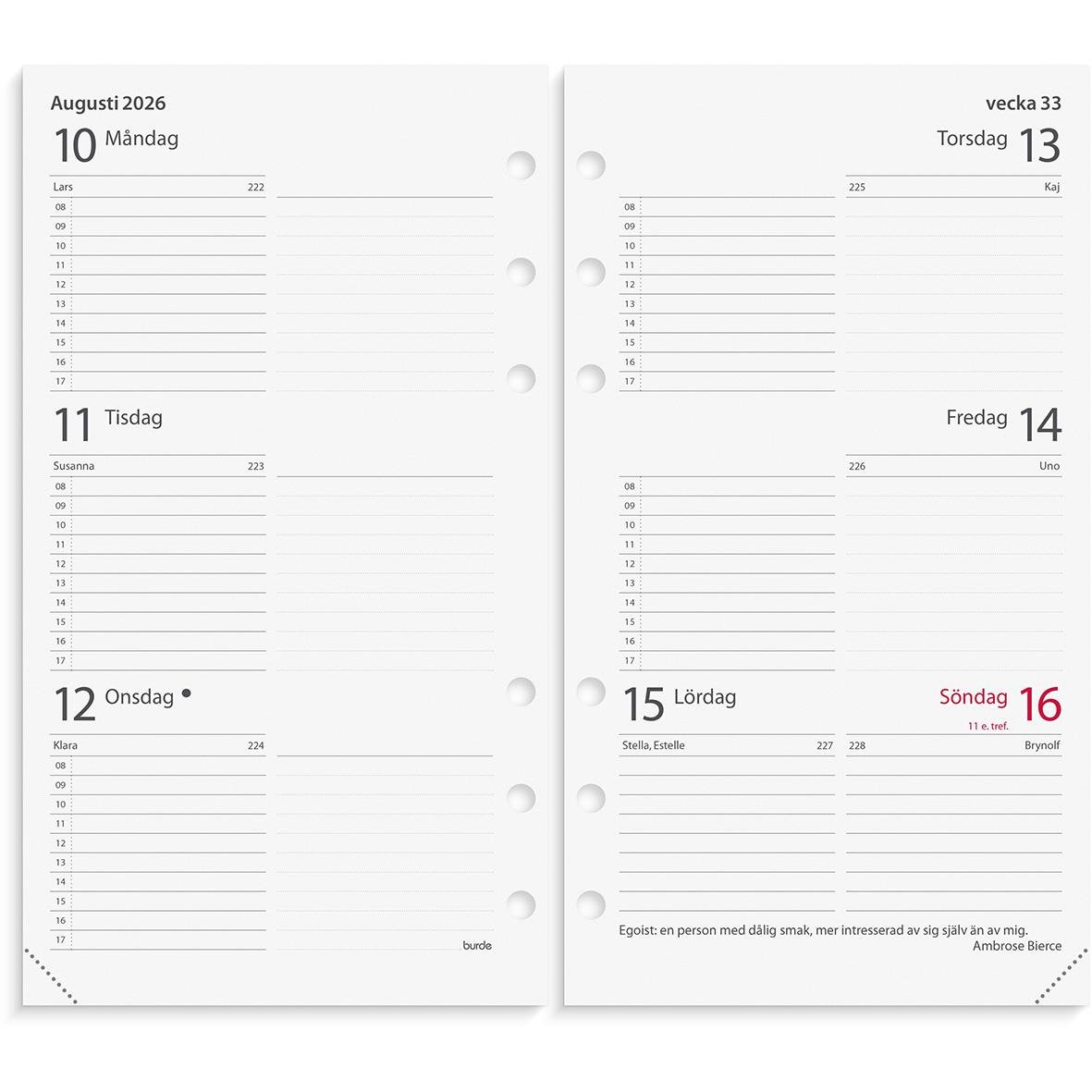 Systemkalender för vecka 33 i augusti 2026 med svarta sidor och skinnomslag