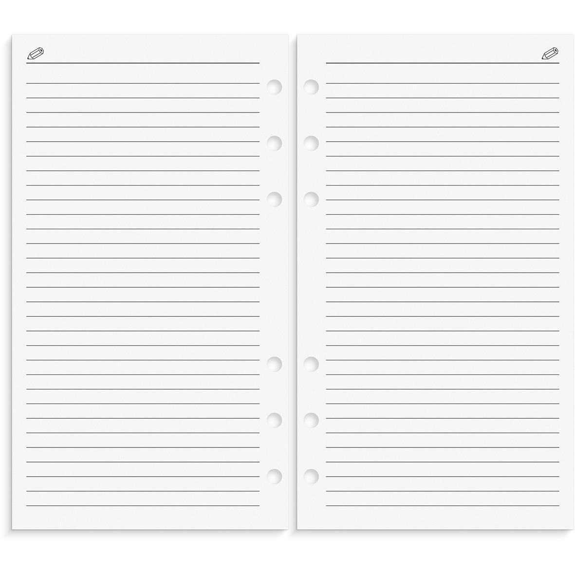 Öppen systemkalender med linjerade sidor och hål för pärm, svart skinnomslag för 2026