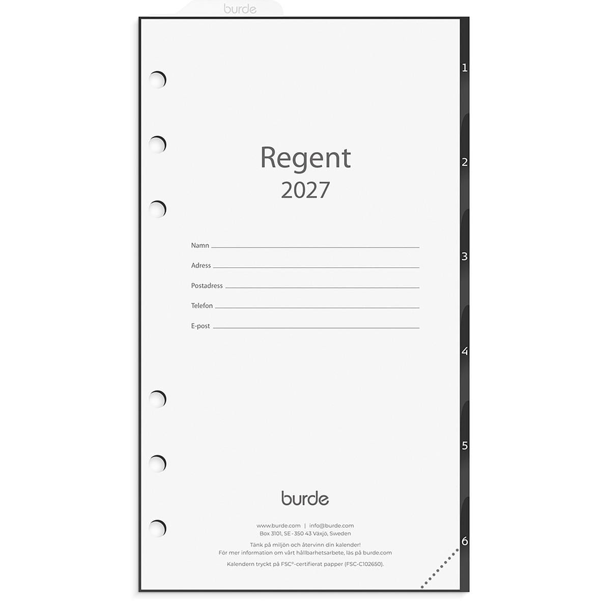 Almanacka Burde 4600 Regent Grundsats 2026 med plats för kontaktuppgifter på framsidan