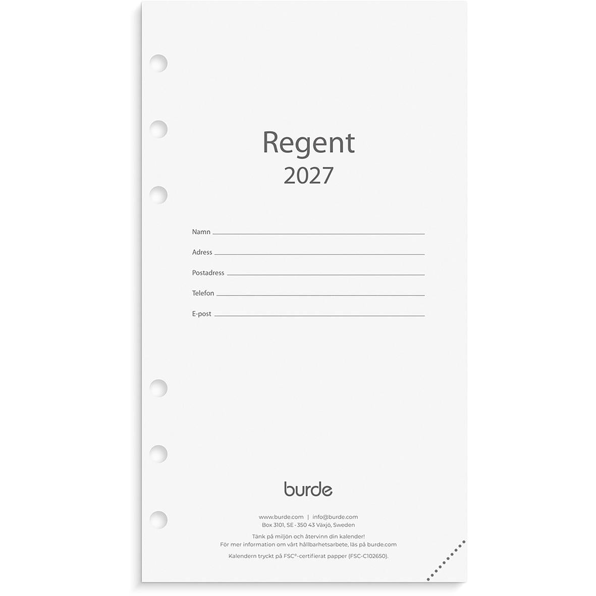Årskalender för 2026 med plats för personuppgifter, från Burde, modell 4601 Regent Kalendersats