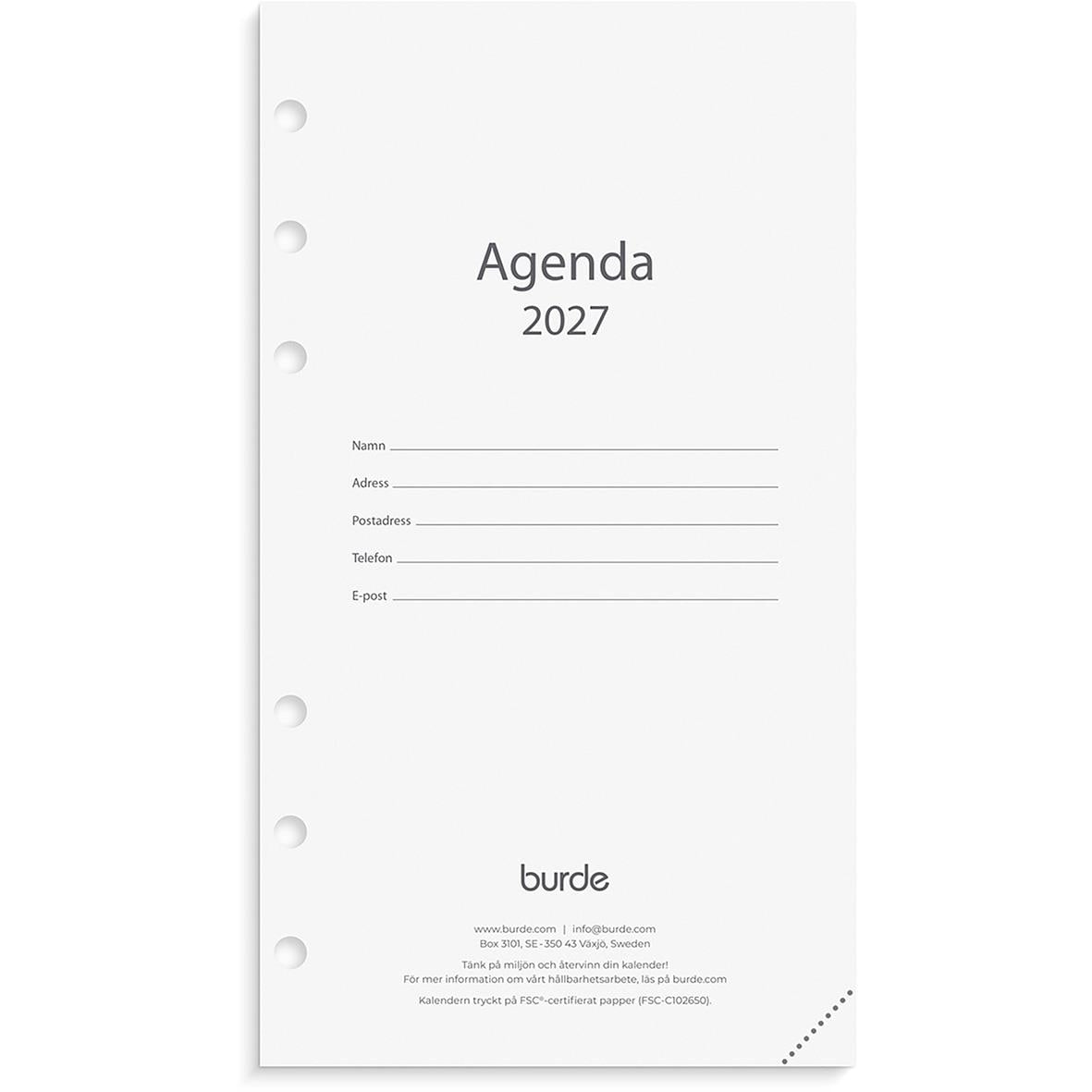 Agenda för 2026 med plats för personuppgifter och Burde logga på framsidan