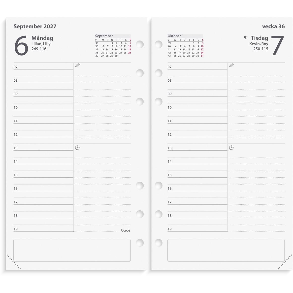 Öppnad kalender för augusti och september 2026 med veckodagar och datum, samt plats för anteckningar