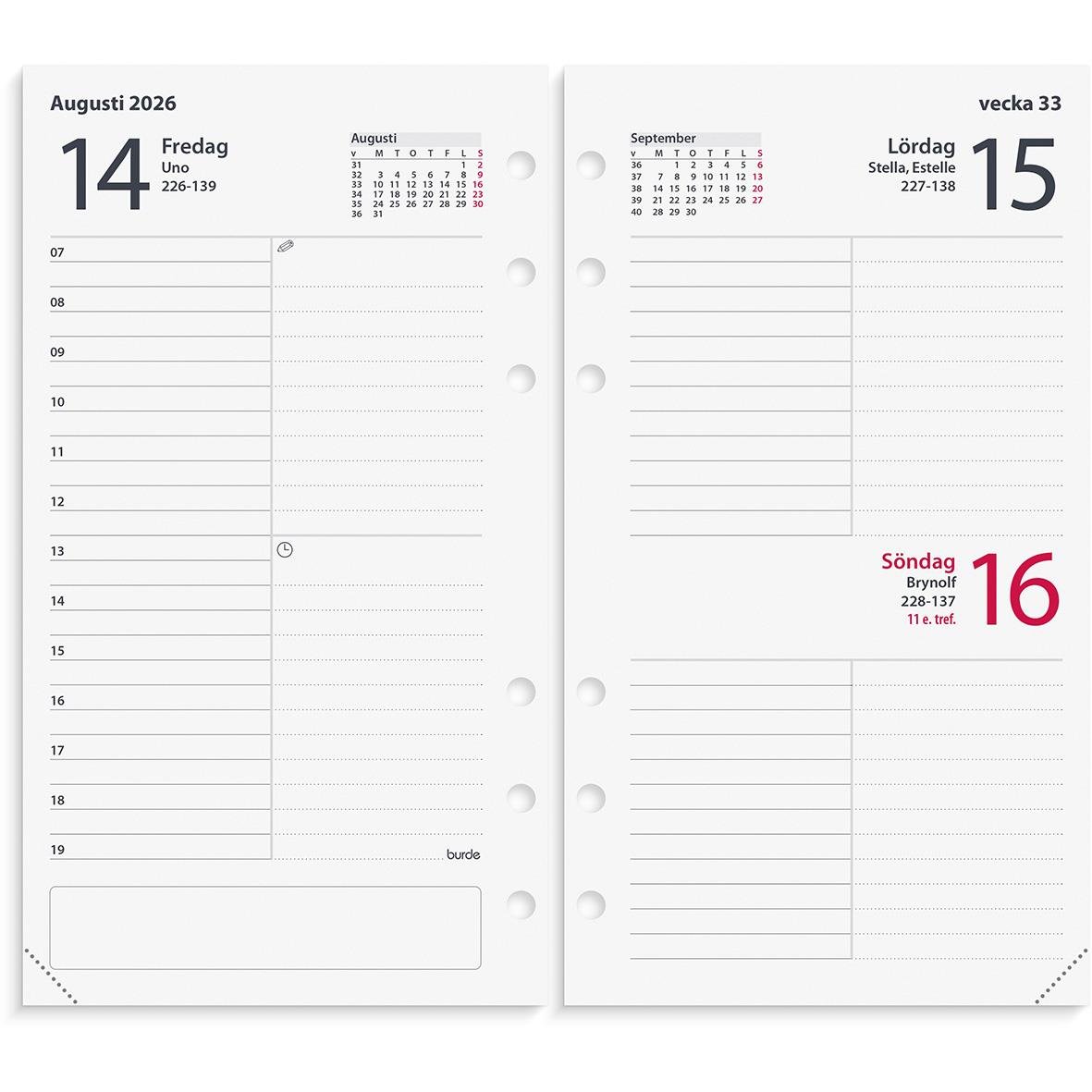 Öppnad kalender för augusti och september 2026 med veckodagar och datum, samt plats för anteckningar