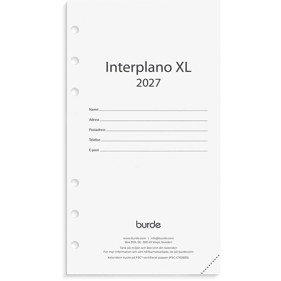 Interplano XL 2026 kalender med plats för personuppgifter och Burde logga