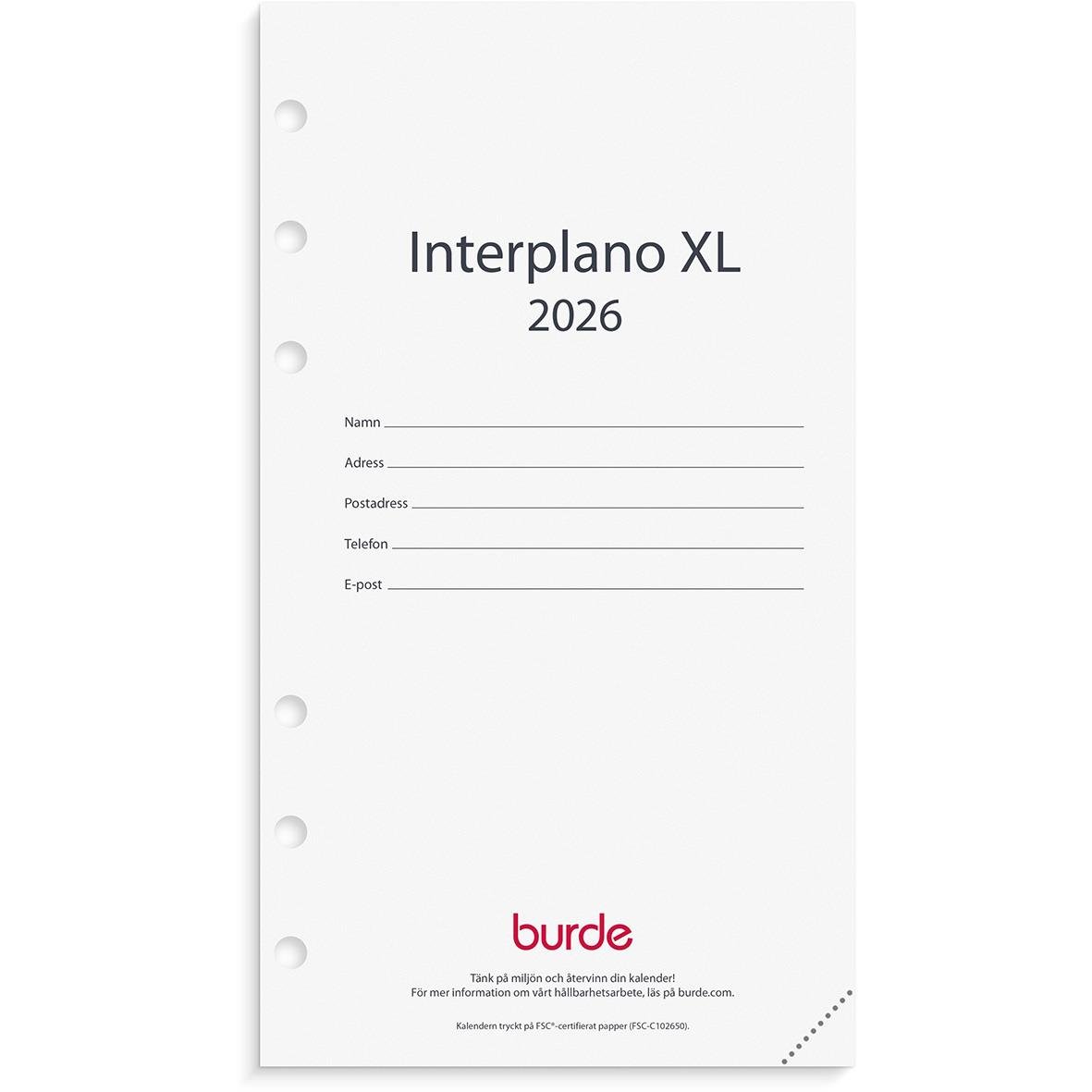 Interplano XL 2026 kalender med plats för personuppgifter och Burde logga