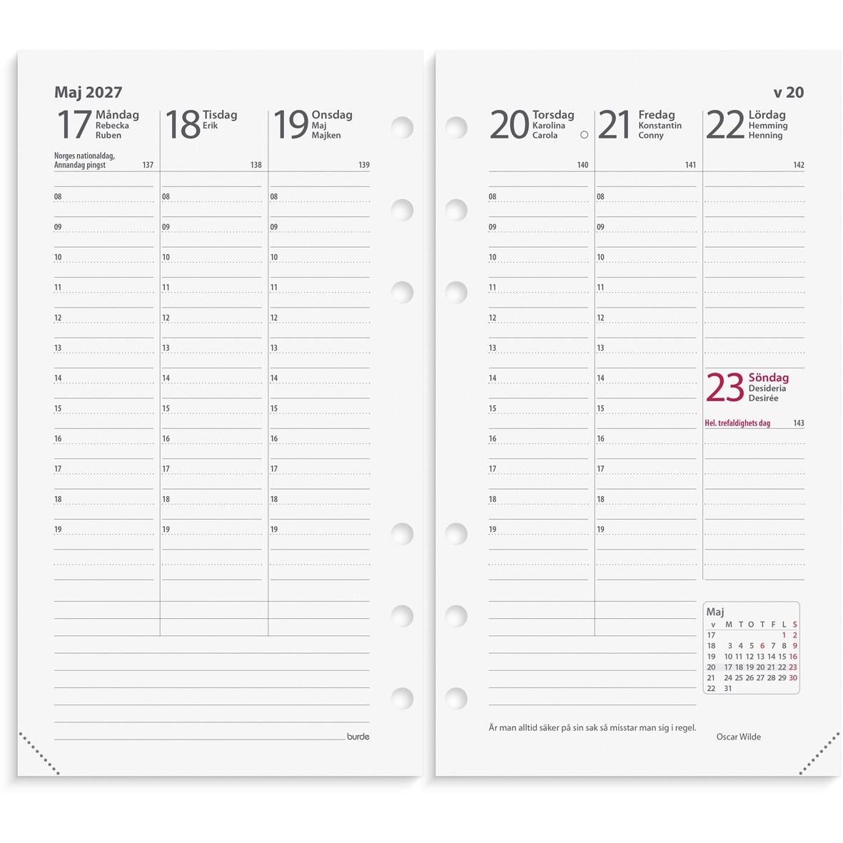 Öppnad kalender för augusti 2026 med veckodagar och datum, visar dagssidor för 10-16 augusti