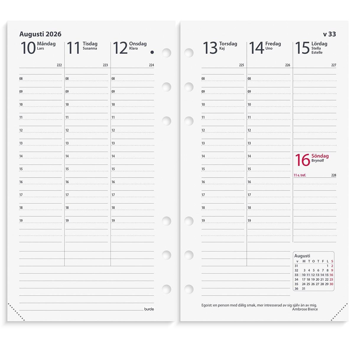 Öppnad kalender för augusti 2026 med veckodagar och datum, visar dagssidor för 10-16 augusti