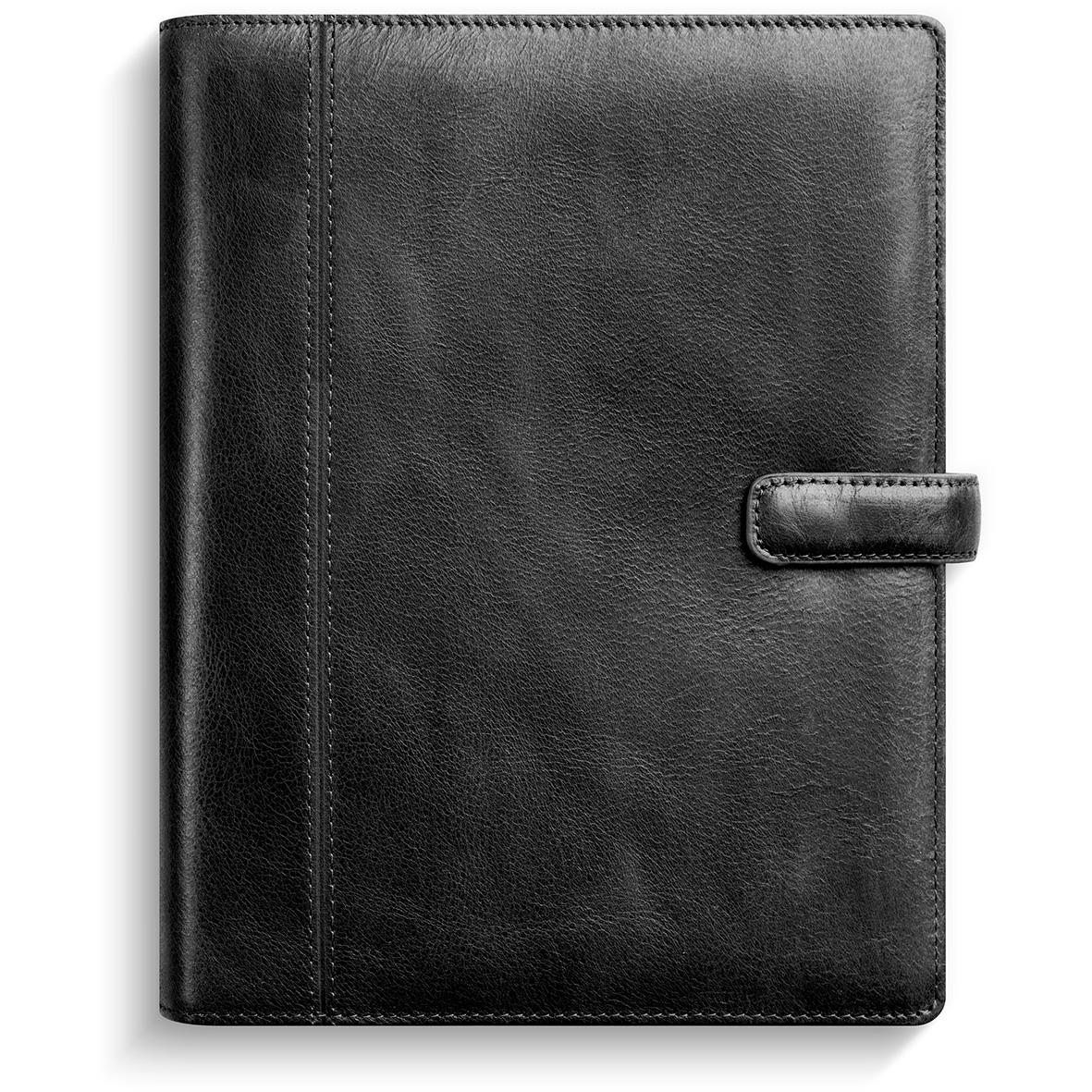 Svart systemkalender i skinn med lås för 2026