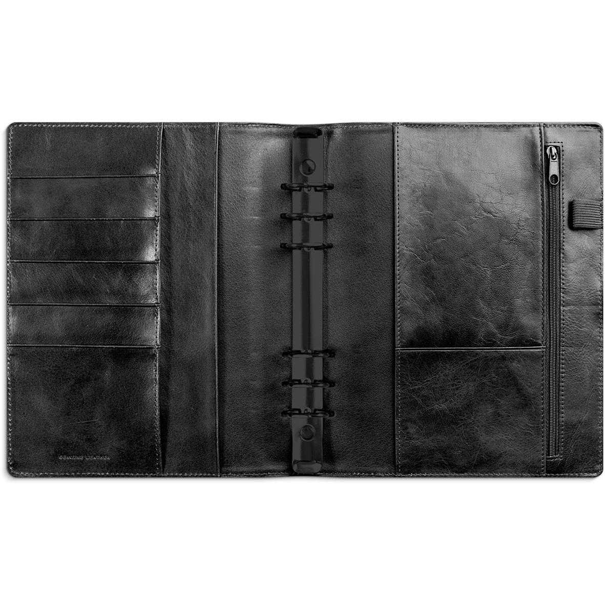 Svart skinnsystemkalender med ringbind och flera fack för dokument och anteckningar