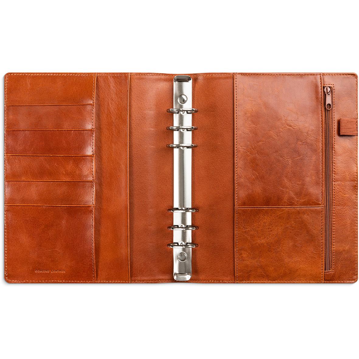 Exklusiv brunt lädersystemkalender med ringbind och flera fack för anteckningar och dokument