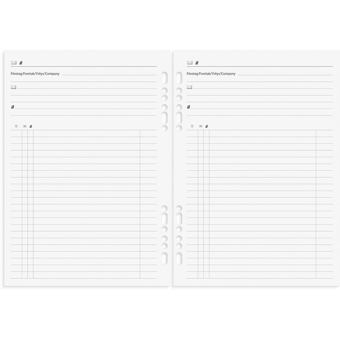 Öppnad almanacka för 2026 med plats för anteckningar och företagsinformation