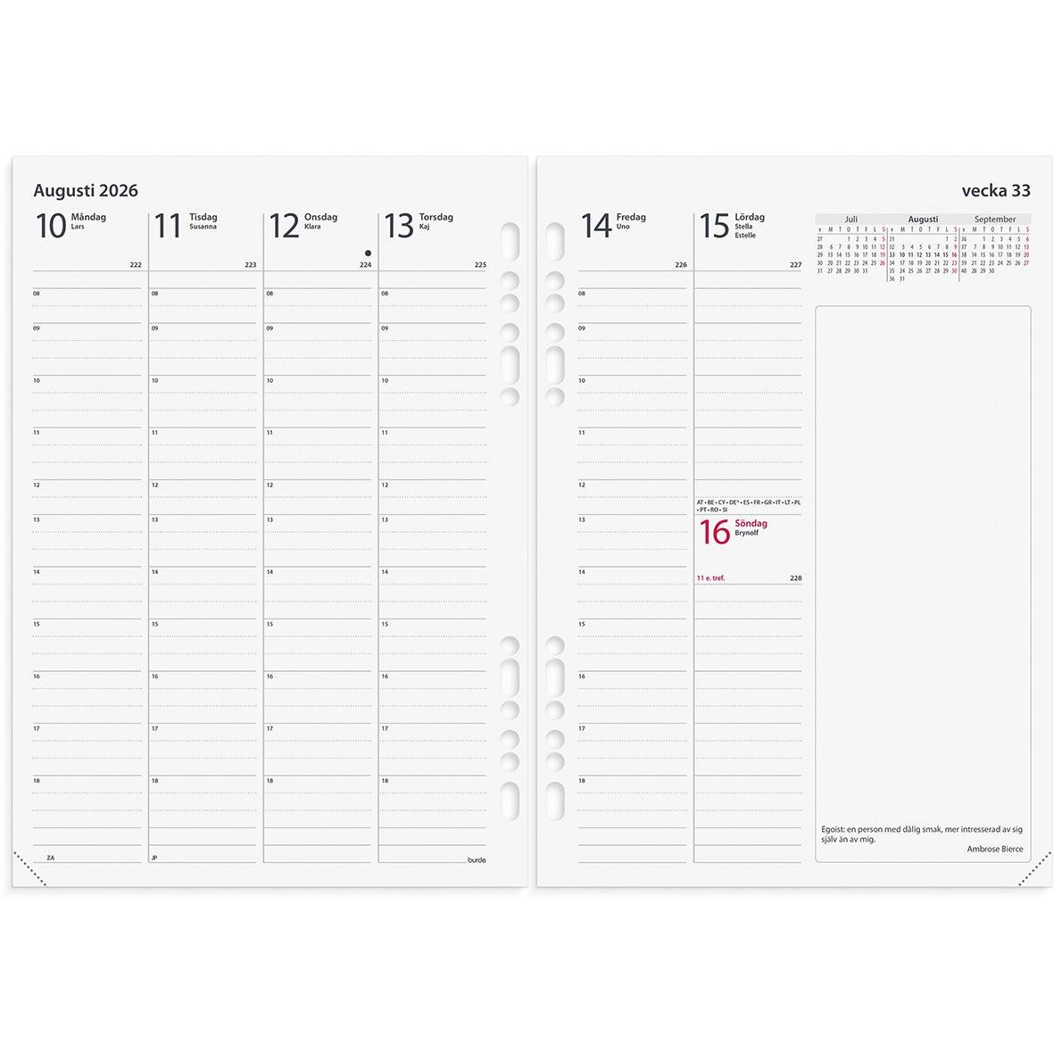 Öppnad kalender för vecka 33 i augusti 2026 med plats för anteckningar och planering