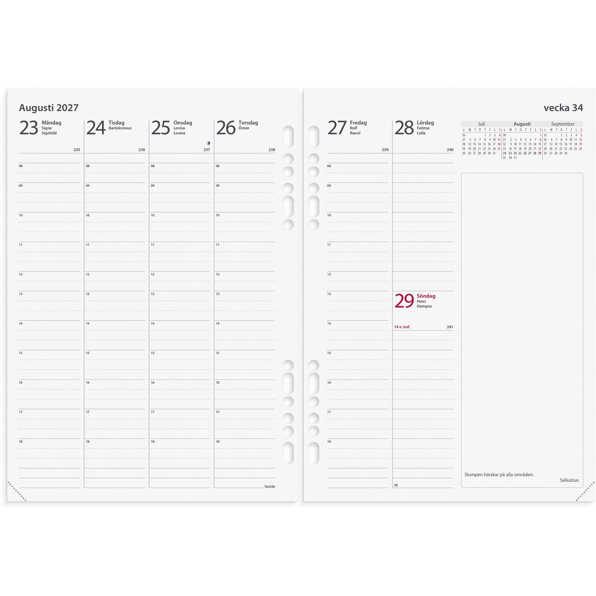 Öppnad kalender för vecka 33 i augusti 2026 med plats för anteckningar och planering