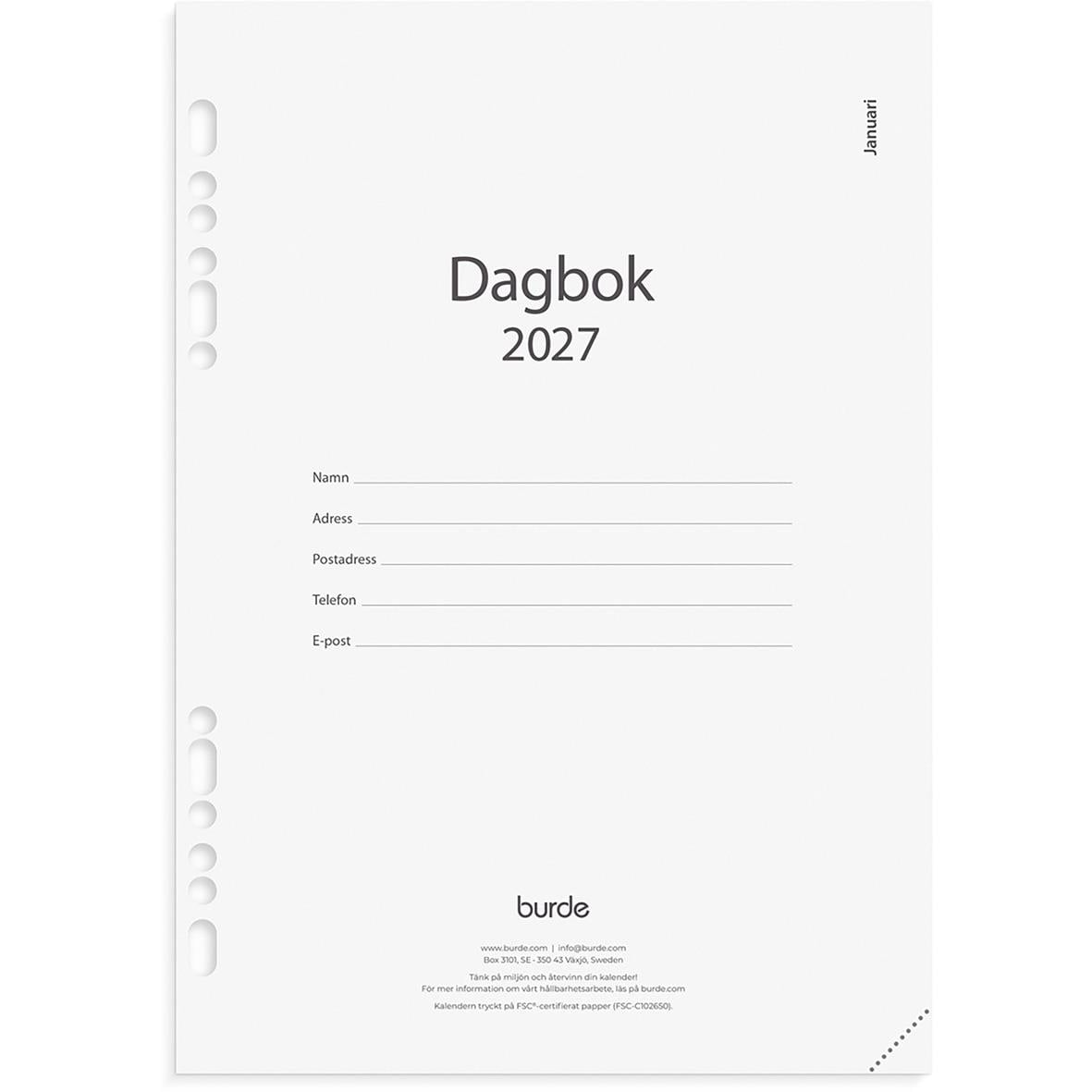 Årsdagbok för 2026 med plats för namn, adress, postnummer, telefon och e-post, enkel design, Burde varumärke