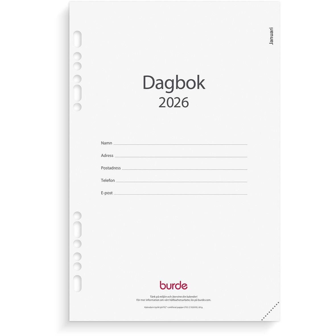 Årsdagbok för 2026 med plats för namn, adress, postnummer, telefon och e-post, enkel design, Burde varumärke