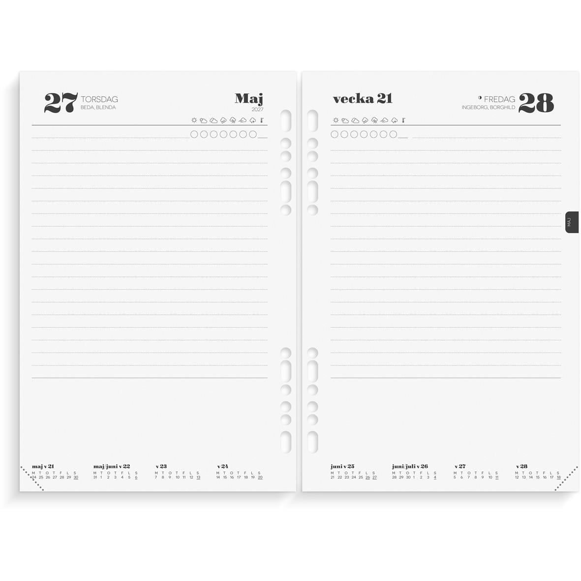 Öppnad kalender för augusti 2026 med veckodagar och datum, visar två sidor för dagbok och planering