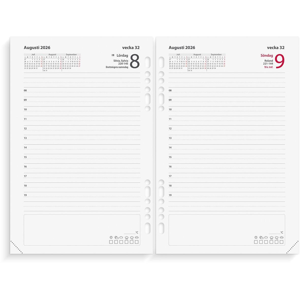 Öppnad kalender för augusti 2026 med veckodagar och datum, visar två sidor för dagbok och planering